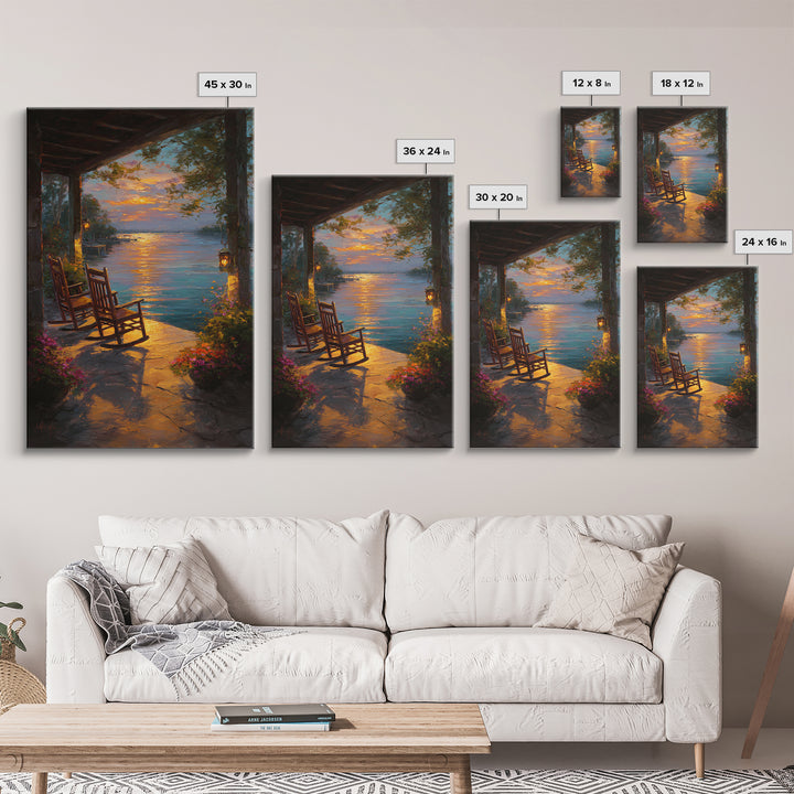 Peaceful Lakeside Porch Sunset With Rocking Chairs Oil Painting Wall Art Framed Canvas Print For Cozy Home Decor