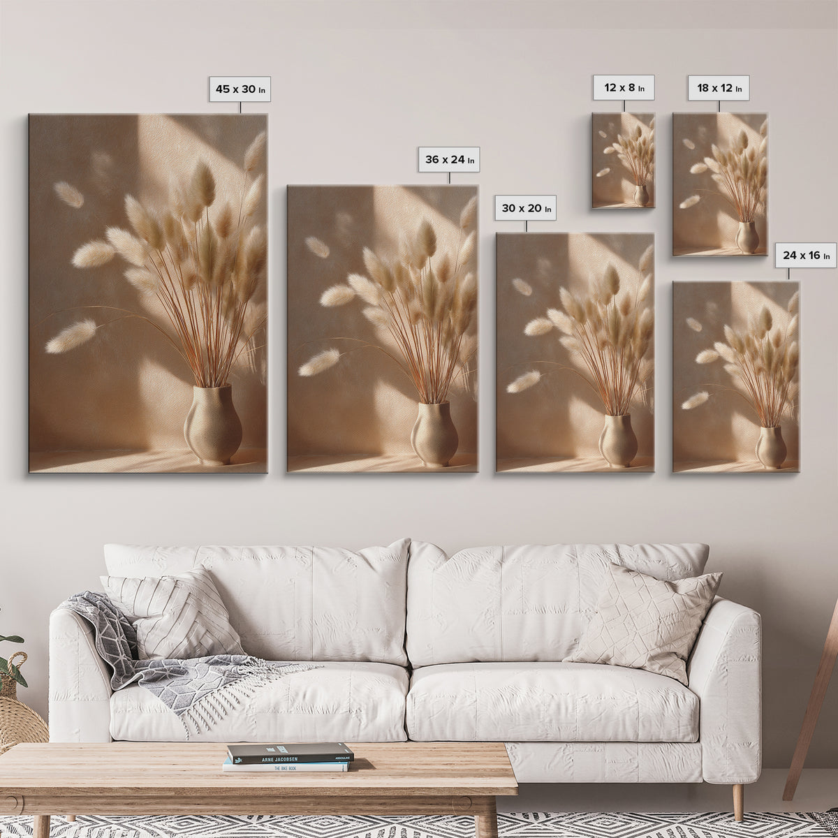 Minimal Pampas Grass In Ceramic Vase Wall Art, Neutral Wall Art, Wabi Sabi Decor, Beige Bedroom Canvas Print Gift For Her