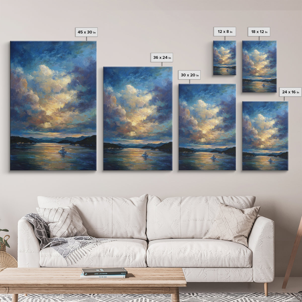 Sunlit Fishing Boat On Tranquil Lake Surrounded By Mountains Sunset Landscape Painting Wall Art Canvas Print