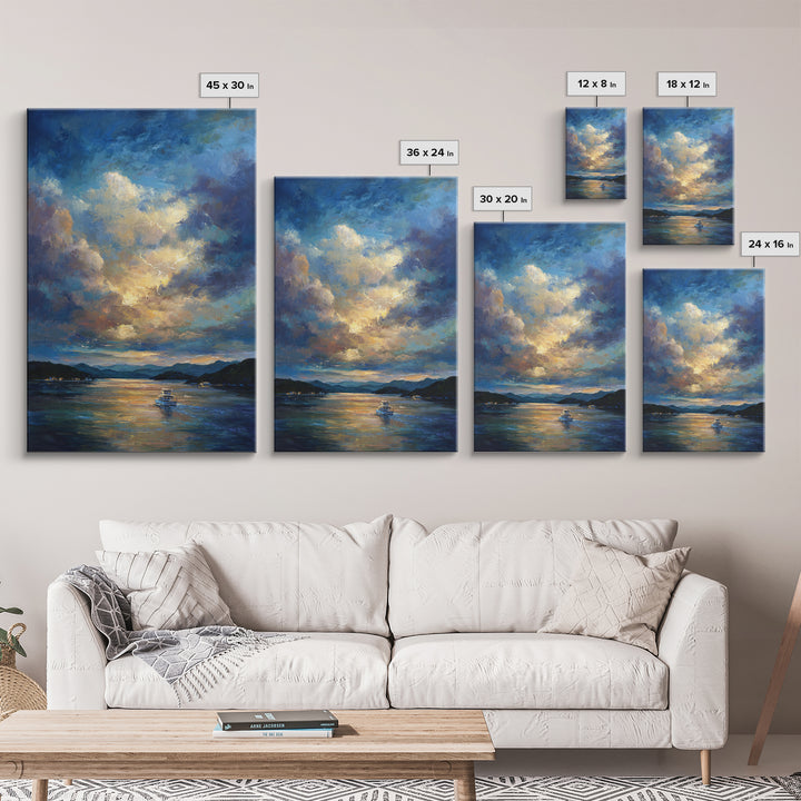 Sunlit Fishing Boat On Tranquil Lake Surrounded By Mountains Sunset Landscape Painting Wall Art Canvas Print