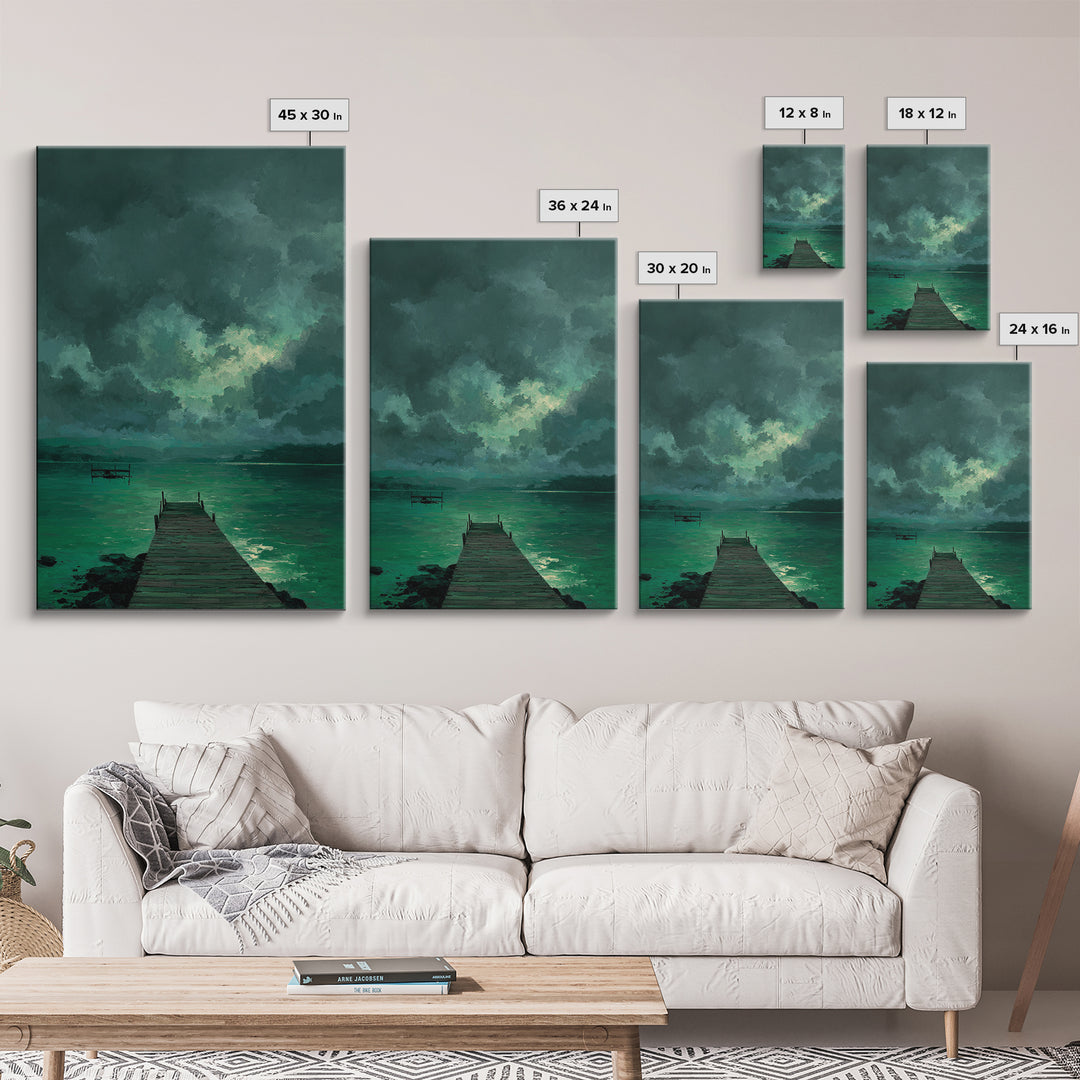 Moody Dock On Lake Under Stormy Sky Green Tones Abstract Wall Art Canvas Print Home Decor