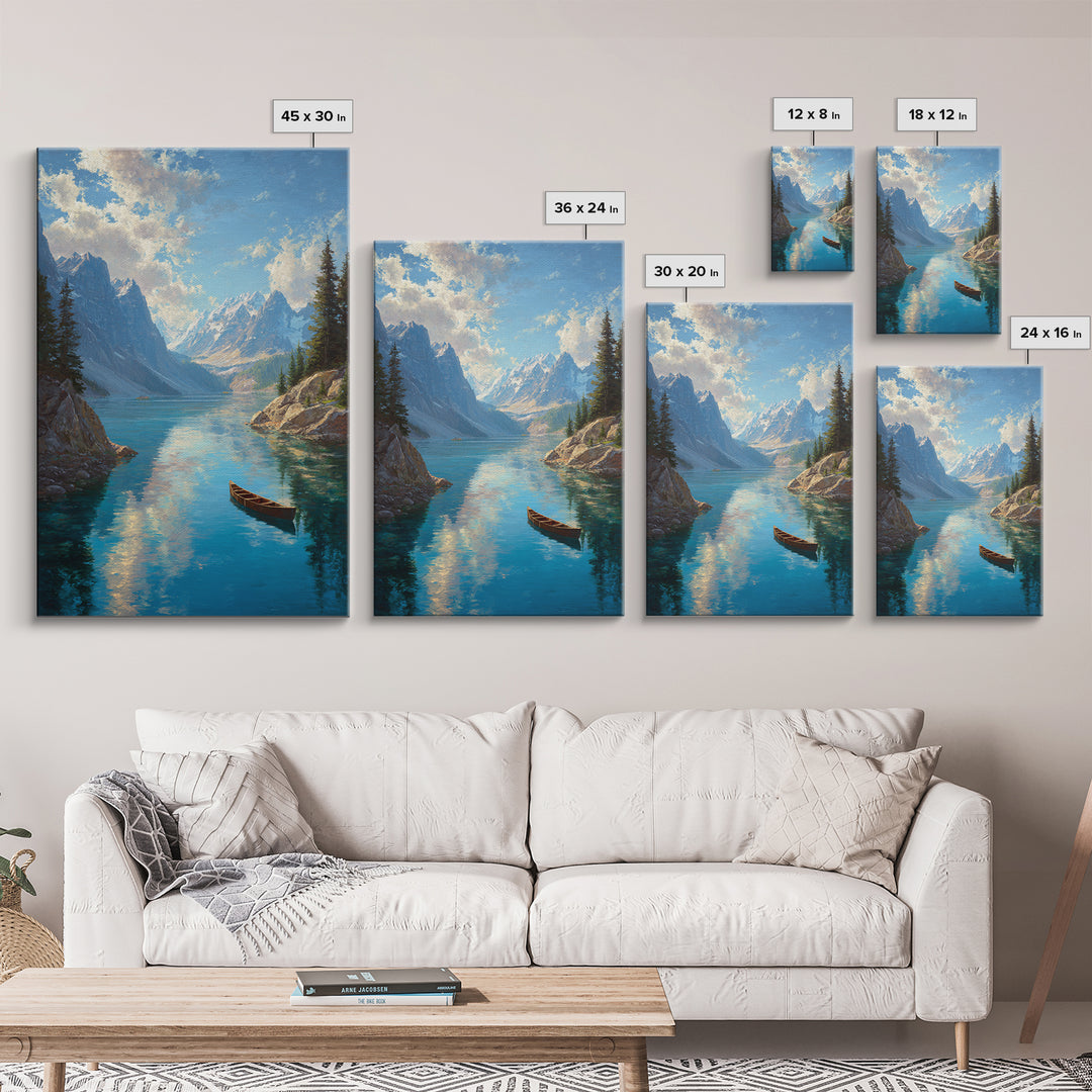 Majestic Mountain Lake Landscape Painting With Canoe In Foreground Vibrant And Serene Nature Scene Wall Art Print For Rustic Living Room Decor Canvas Print