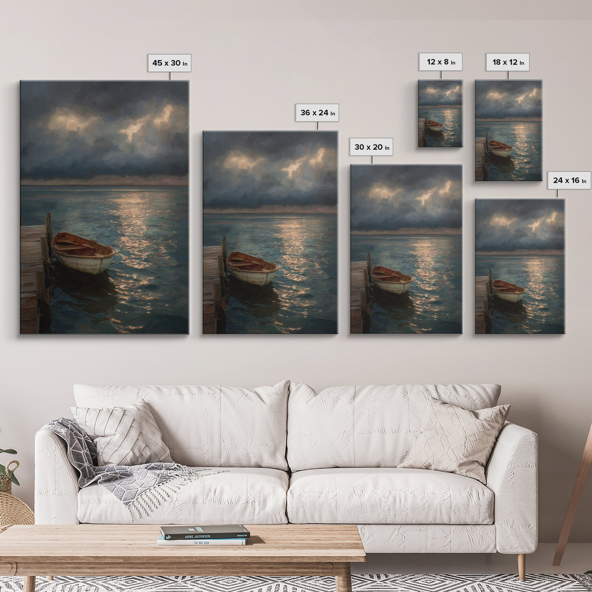 Serene Boat At Dock Under Dramatic Cloudy Sky Sunset Seascape Canvas Print For Coastal Living Room Decor Wall Art