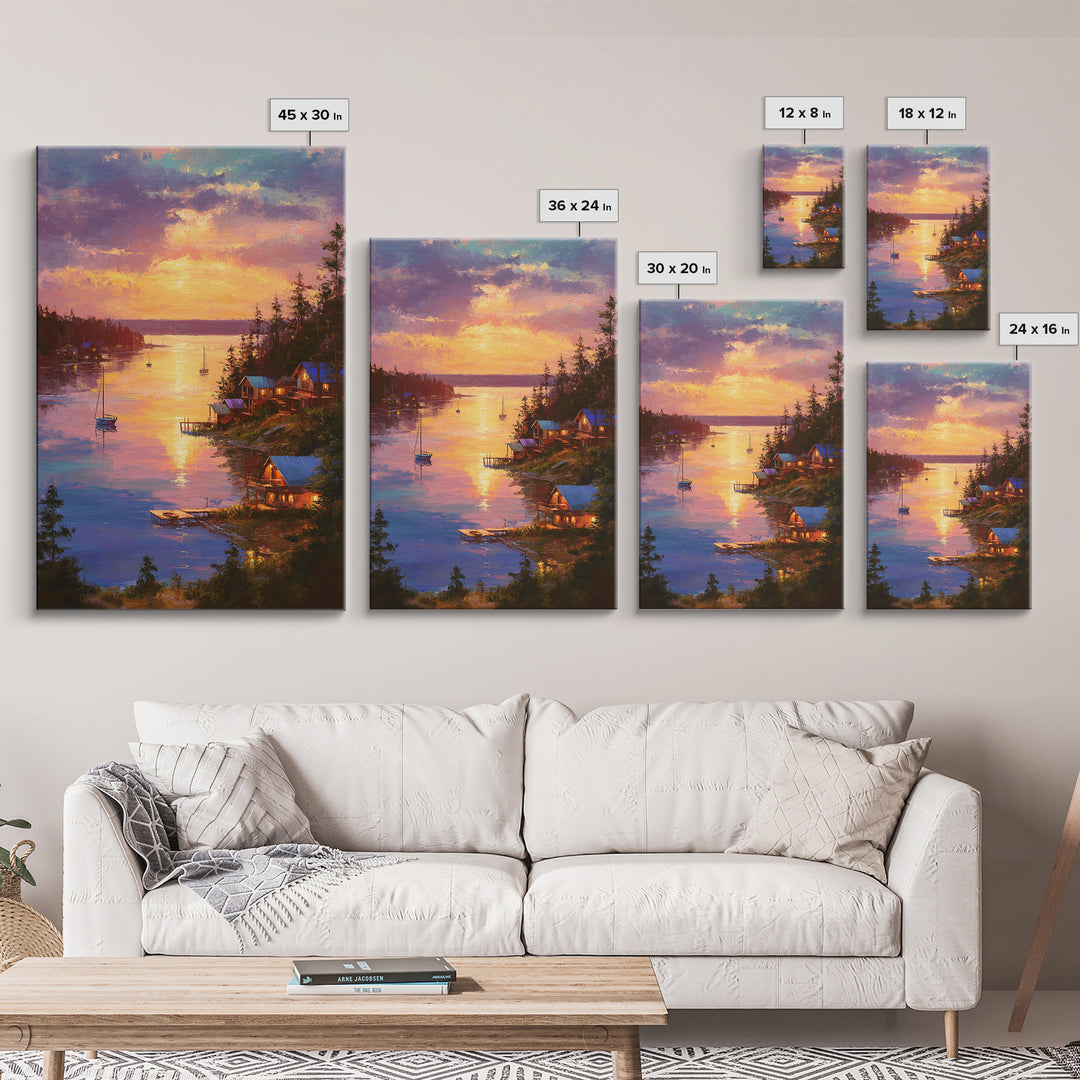 Sunset Lake House Fine Art Oil Painting Wall Art Framed Canvas Print Cozy Landscape Home Decor For Living Room