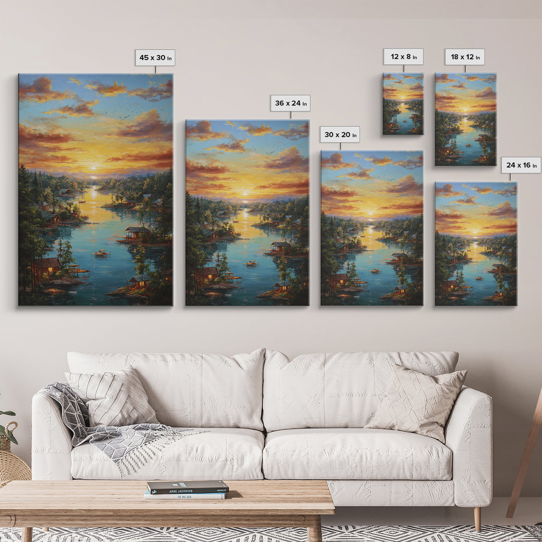 Peaceful Lakeside Village At Sunset Landscape Painting Framed Canvas Print Tranquil Wall Art For Rustic And Cozy Home Decor