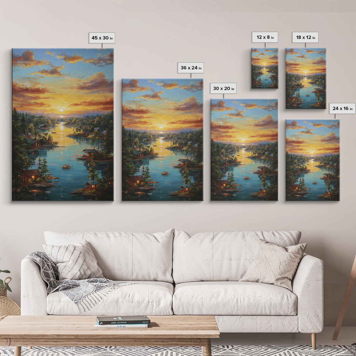 Peaceful Lakeside Village At Sunset Landscape Painting Framed Canvas Print Tranquil Wall Art For Rustic And Cozy Home Decor