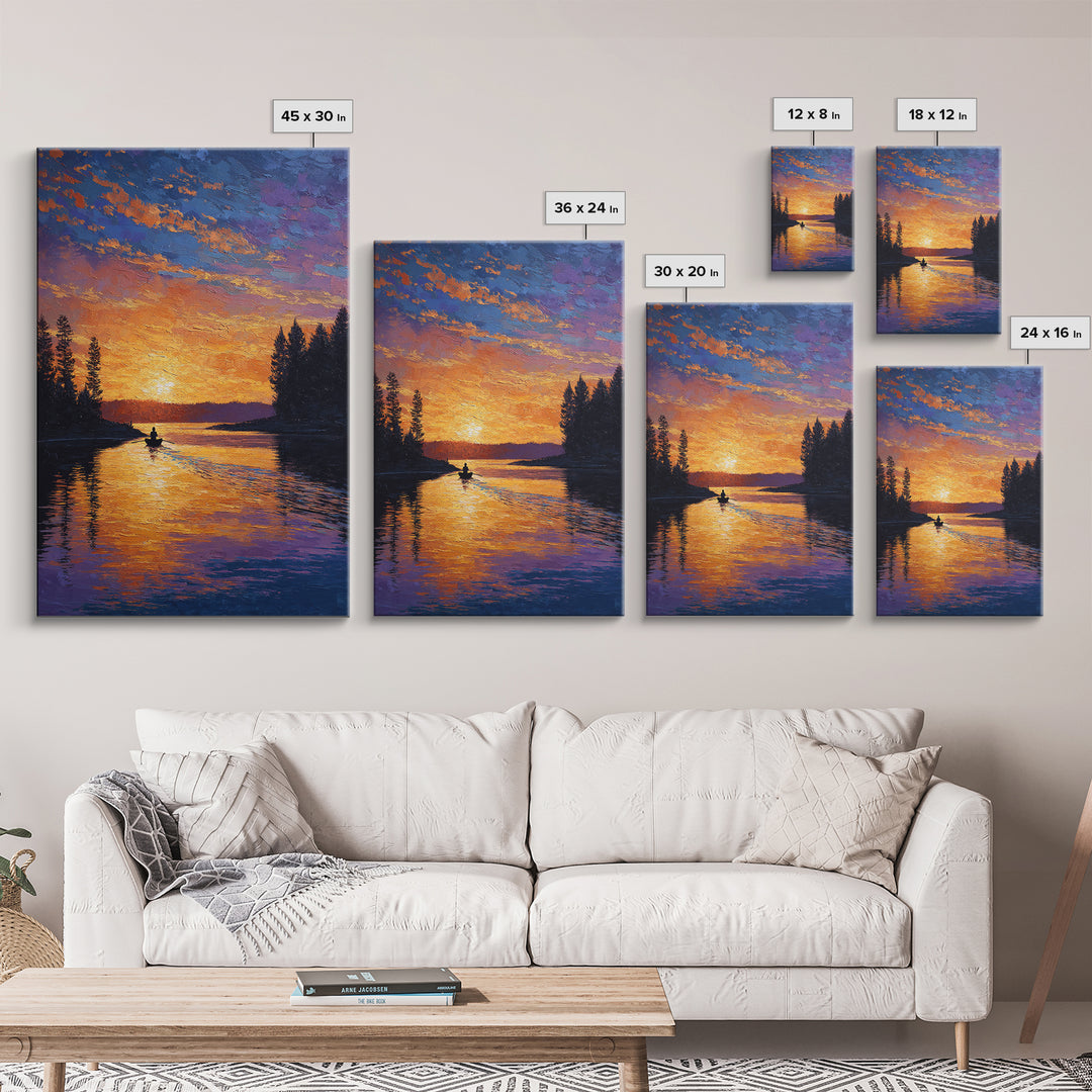 Vibrant Sunset Over Peaceful Lake With Lone Boatman Silhouette Wall Art Framed Canvas Print For Living Room Decor