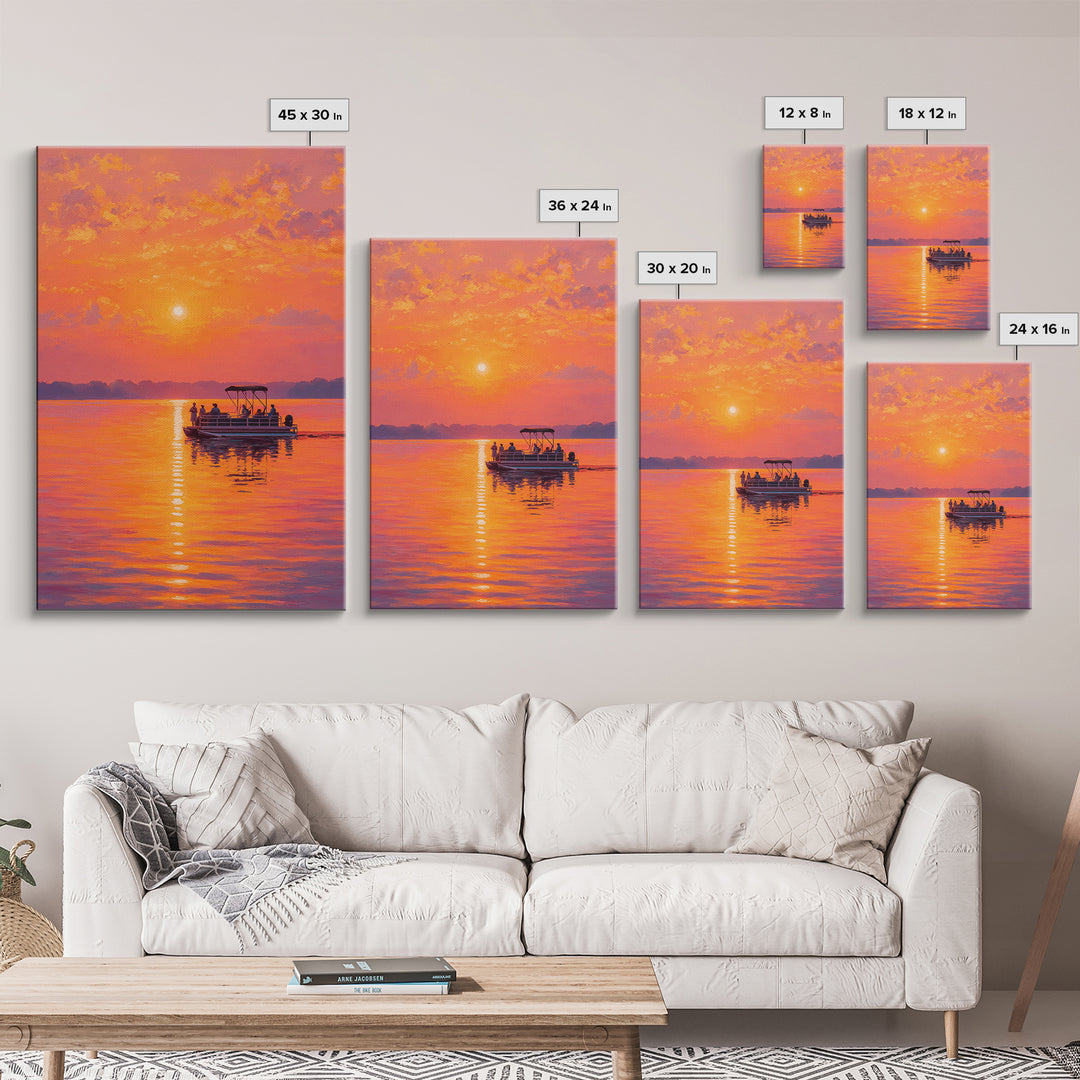 Sunset Boat On Calm Water Painting With Vibrant Orange Hues Capturing Peaceful Twilight Scene Large Wall Art Canvas Print For Living Room Decor And Gift