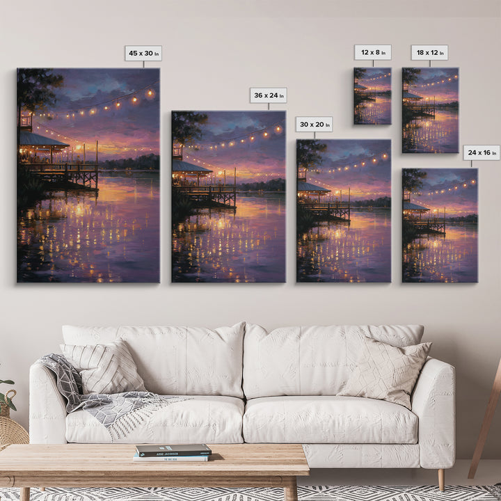 Sunset Pier Scene With Soft Glow And String Lights Romantic Evening Canvas Print Wall Art For Dining Room Living Room And Home Decor