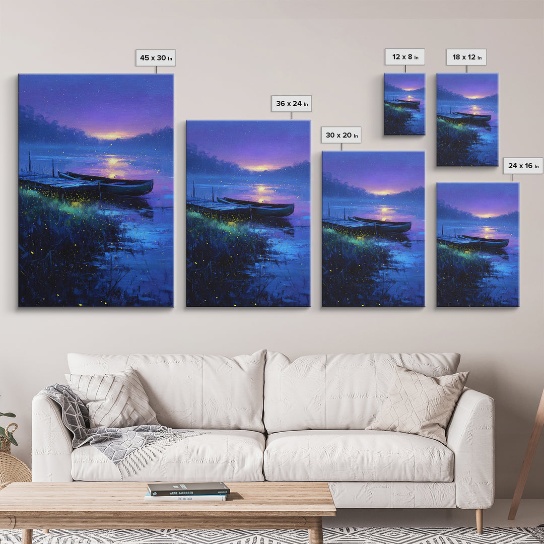 Serene Twilight Lake With Boats Painting Canvas Print Wall Art For Relaxing Home Decor Or Office Space Accent