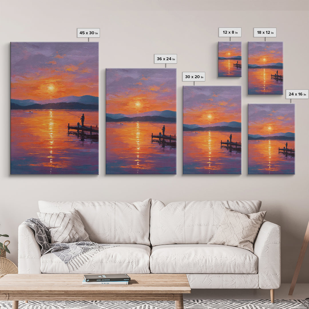 Peaceful Sunset Fishing Oil Painting Wall Art Framed Canvas Print For Living Room Decor And Rustic Home