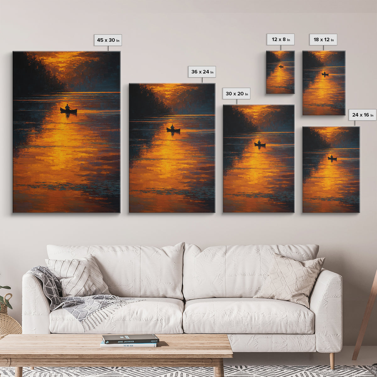 Serene Sunset Landscape With Boat On Calm Lake Oil Painting Canvas Print For Cozy Living Room Decor And Nature Wall Art