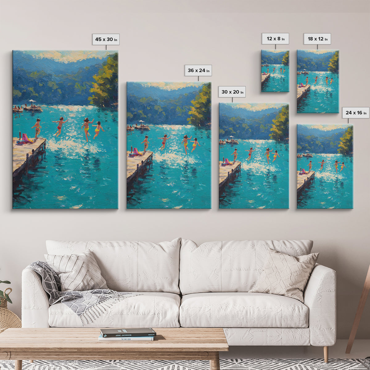 Children Jumping Into A Lake Summer Scene Painting Fine Art Canvas Print Relaxing Wall Art Decor