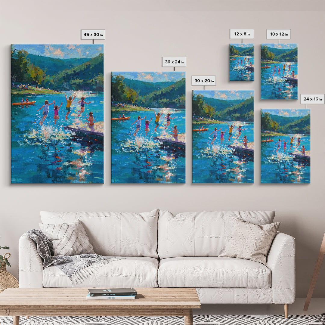 Children Playing At Summer Lake Scene Joyful Landscape Painting Large Wall Art Canvas Print