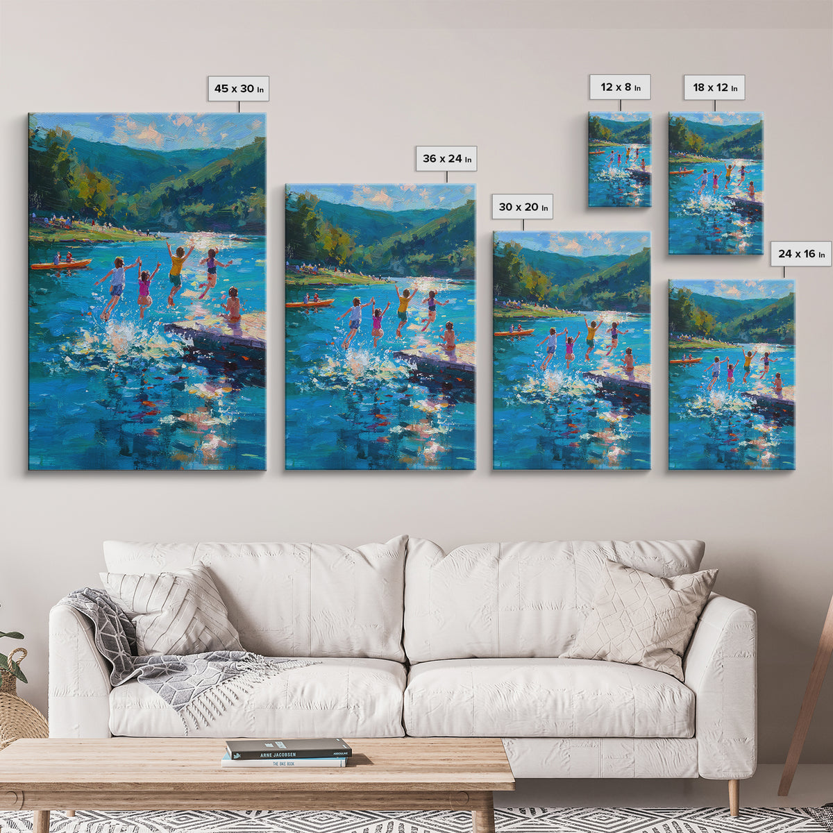 Children Playing At Summer Lake Scene Joyful Landscape Painting Large Wall Art Canvas Print