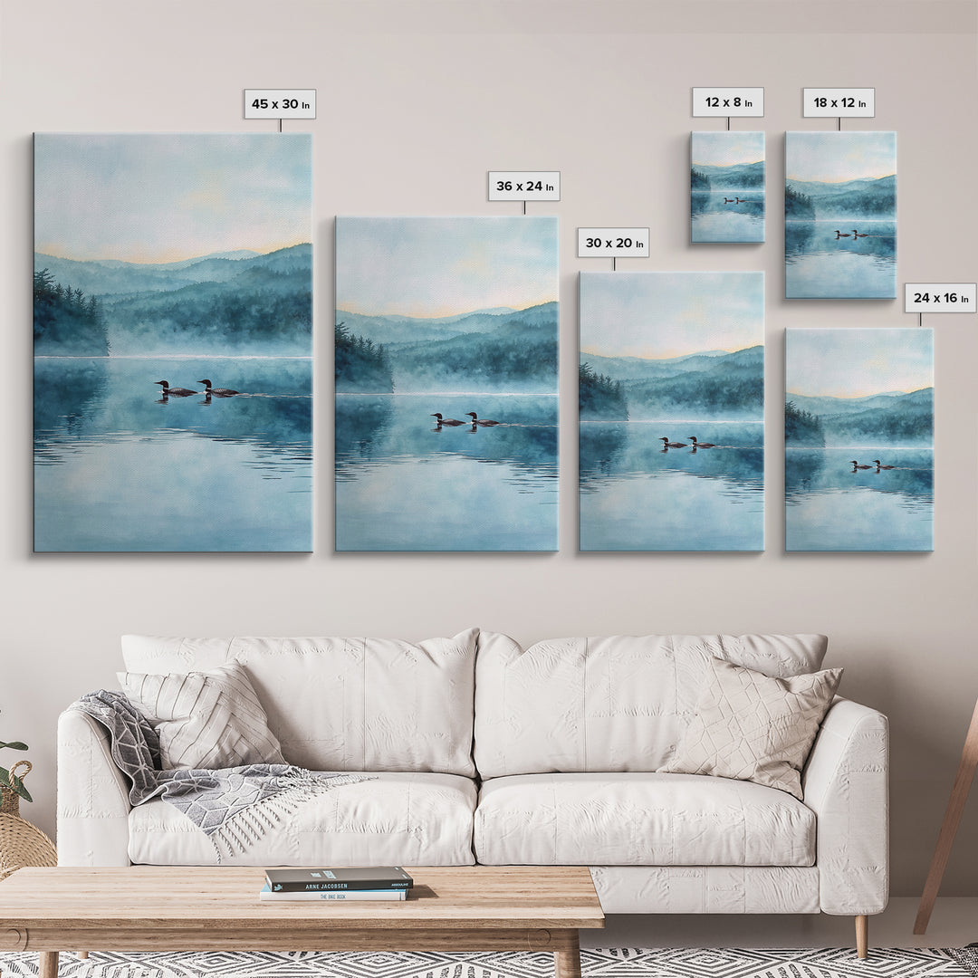 Serene Lake With Two Loons At Dawn Landscape Wall Art Misty Forest Canvas Print For Nature Lovers Home Decor