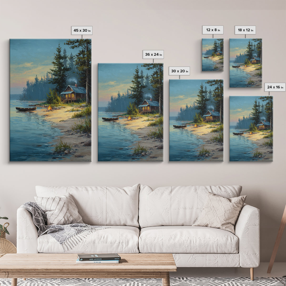 Peaceful Lakeside Cabin Painting At Dusk With Campfire And Canoe Scenic Landscape Art Print For Rustic Home Decor Bedroom Wall Art Framed Canvas Print