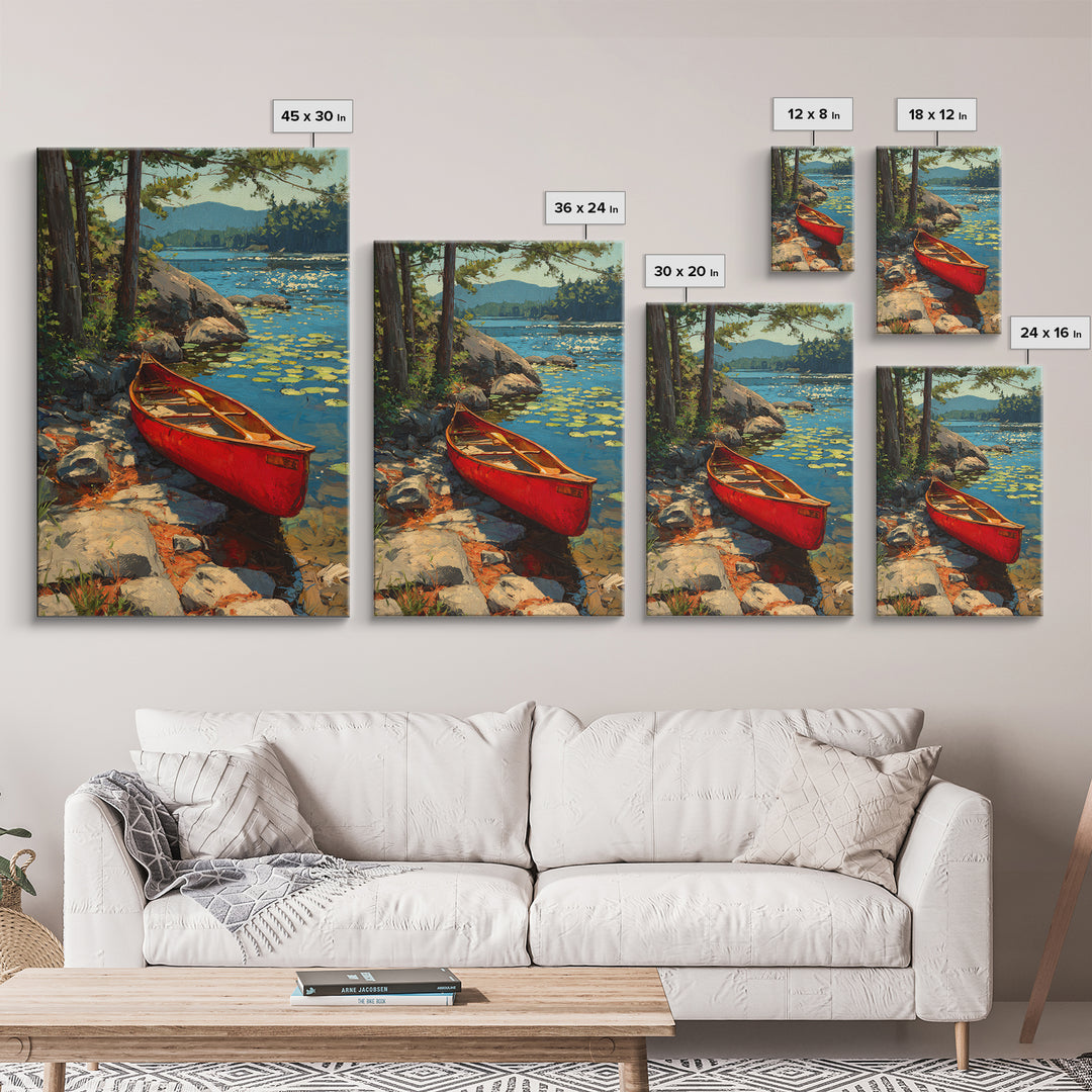 Vibrant Red Canoe On Lush Lakeside Nature Landscape Oil Painting Canvas Print For Cabin Decor And Rustic Wall Art