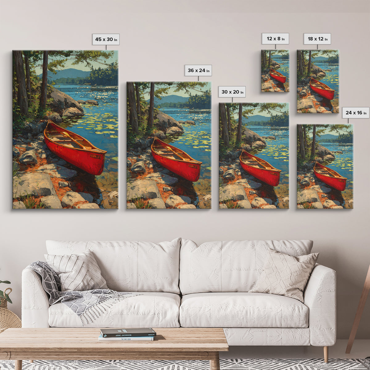 Vibrant Red Canoe On Lush Lakeside Nature Landscape Oil Painting Canvas Print For Cabin Decor And Rustic Wall Art