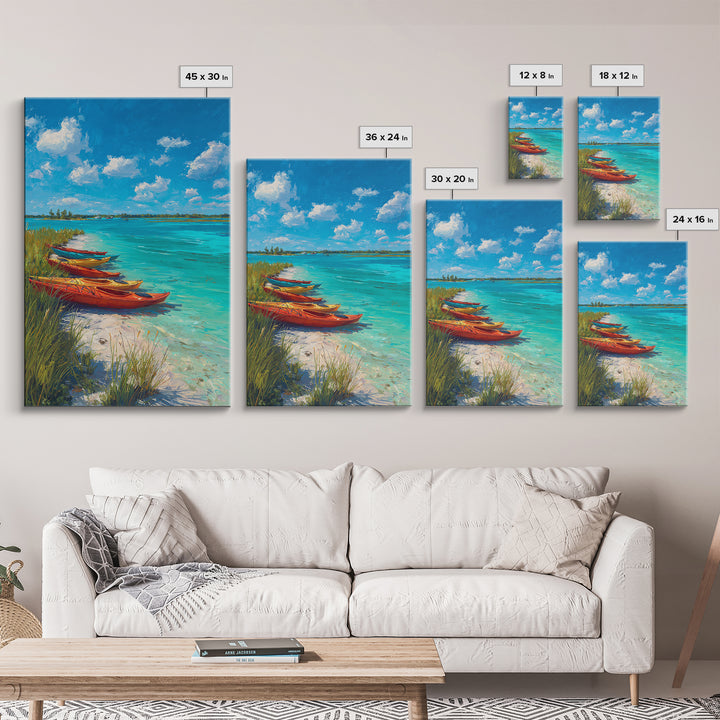 Bright Kayaks By Turquoise Water Under Blue Sky Canvas Print Large Coastal Wall Art For Living Room Decor
