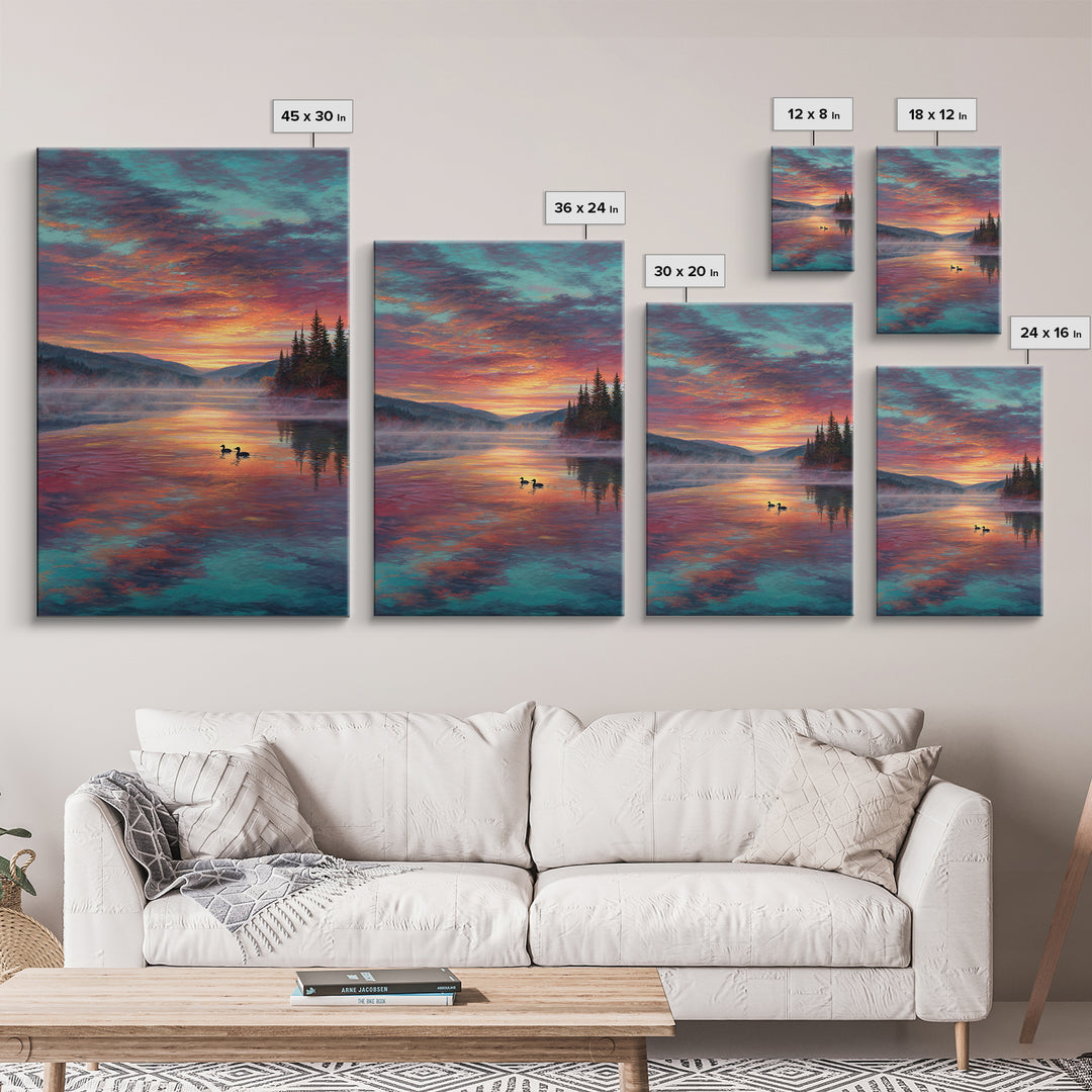 Serene Misty Mountain Sunset Landscape With Ducks On Lake Fine Art Canvas Print For Living Room Wall Decor