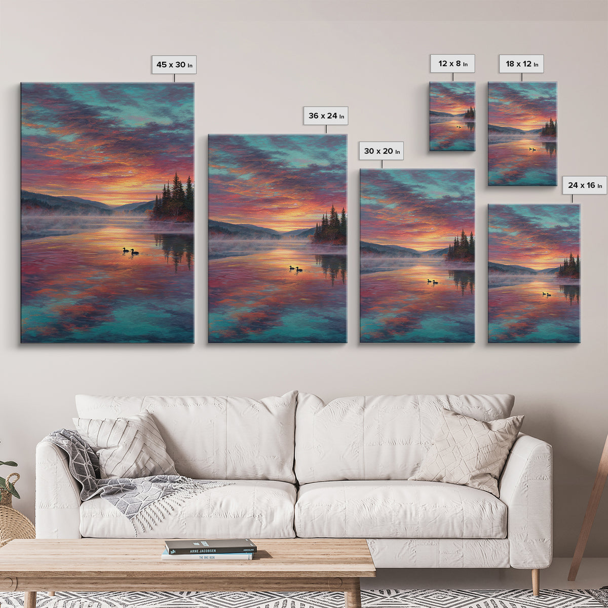 Serene Misty Mountain Sunset Landscape With Ducks On Lake Fine Art Canvas Print For Living Room Wall Decor