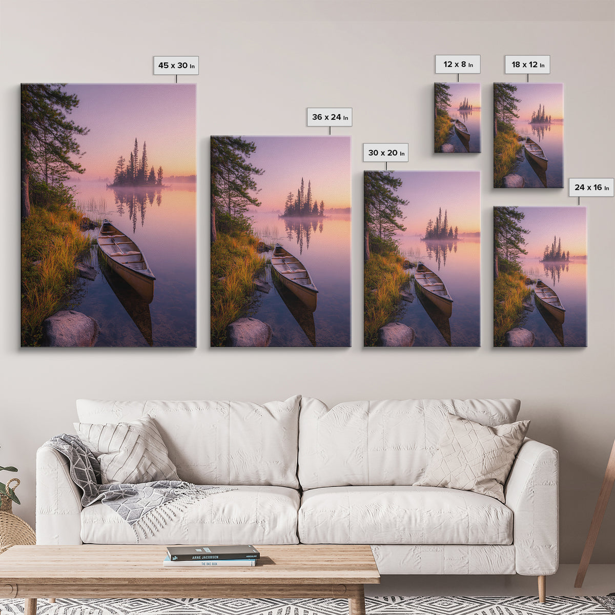 Tranquil Misty Lake With Canoe At Sunrise Scenic Landscape Painting For Calming Bedroom Wall Decor And Peaceful Home Decor Framed Canvas Print Wall Art
