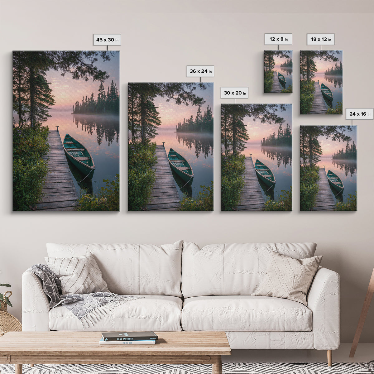 Serene Lake Dock With Canoe Landscape Wall Art Nature Photography Calm Framed Canvas Print