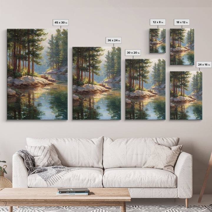 Serene Pine Forest Landscape With River Reflection In Oil Painting Medium Perfect Wall Art Canvas Print