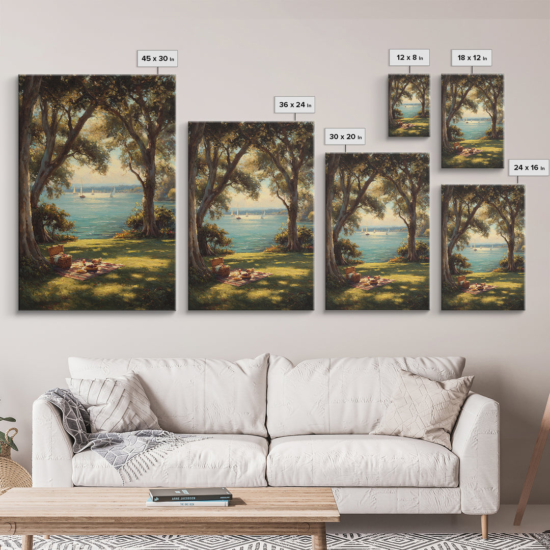 Peaceful Lakeside Picnic Painted Landscape Oil Painting Art Print Framed Canvas Print For Rustic Home Decor And Cabin Wall Art