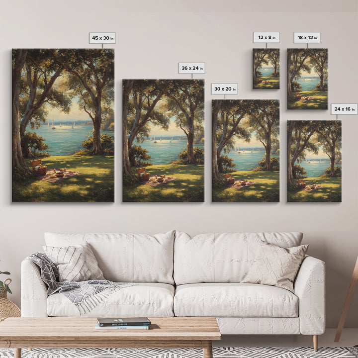 Peaceful Lakeside Picnic Painted Landscape Oil Painting Art Print Framed Canvas Print For Rustic Home Decor And Cabin Wall Art