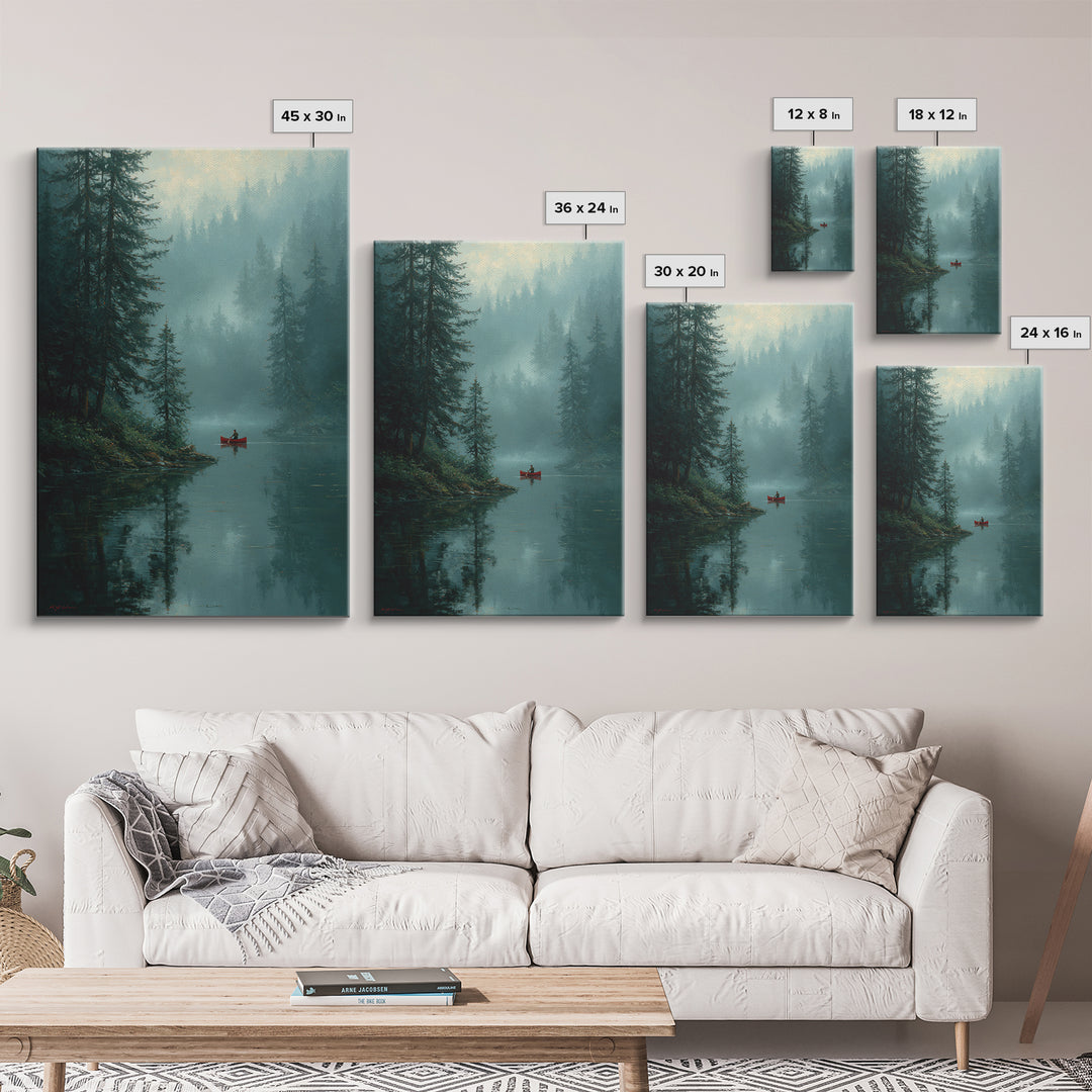 Serene Sunset Over Misty Lake Cabin With Orange Sky Wall Art Framed Canvas Print For Cozy Rustic Home And Bedroom Decor
