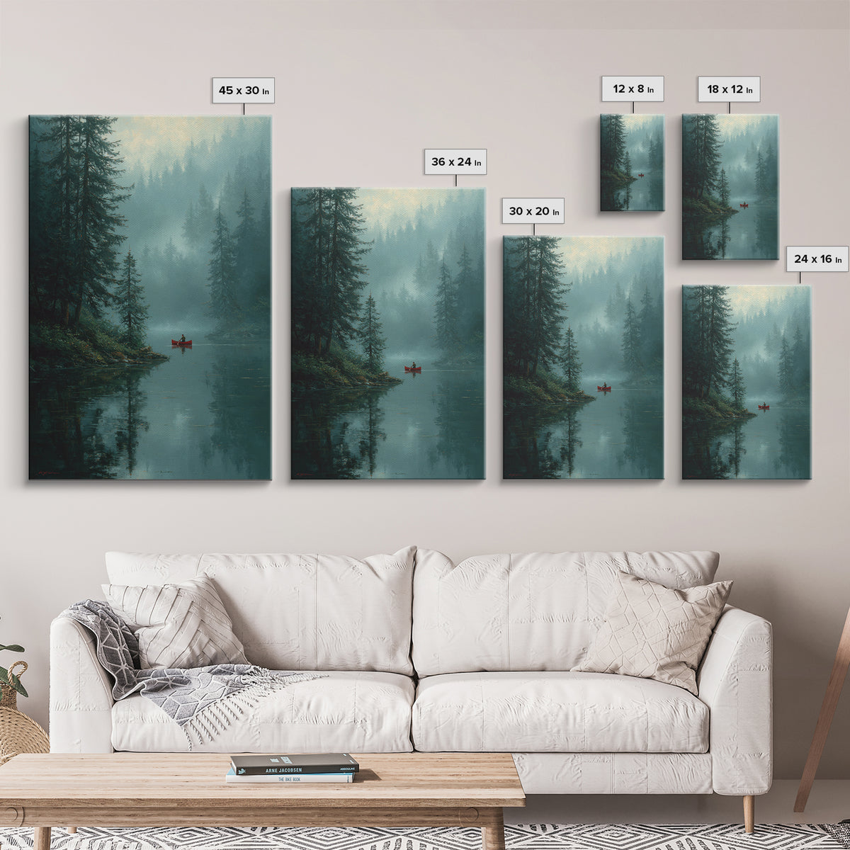 Serene Sunset Over Misty Lake Cabin With Orange Sky Wall Art Framed Canvas Print For Cozy Rustic Home And Bedroom Decor