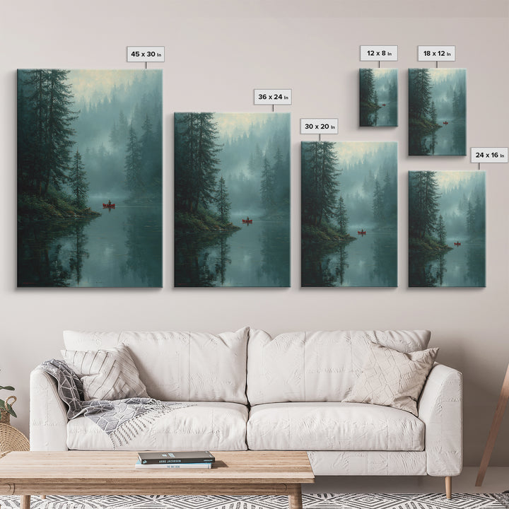 Serene Sunset Over Misty Lake Cabin With Orange Sky Wall Art Framed Canvas Print For Cozy Rustic Home And Bedroom Decor