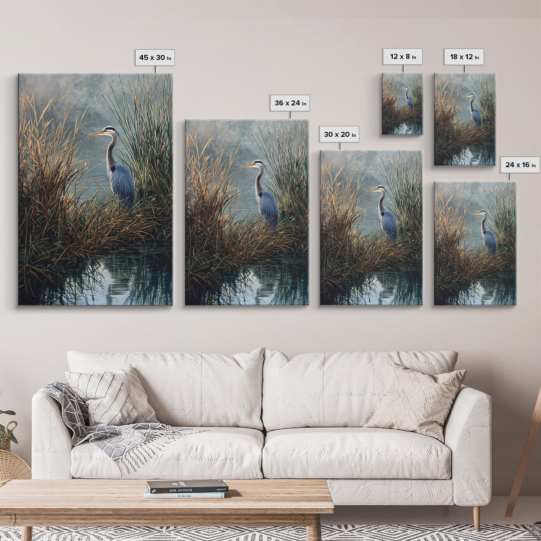 Realistic Blue Heron In Marshland Nature Scene Wall Art Fine Art Print Coastal Wall Decor Framed Canvas Print