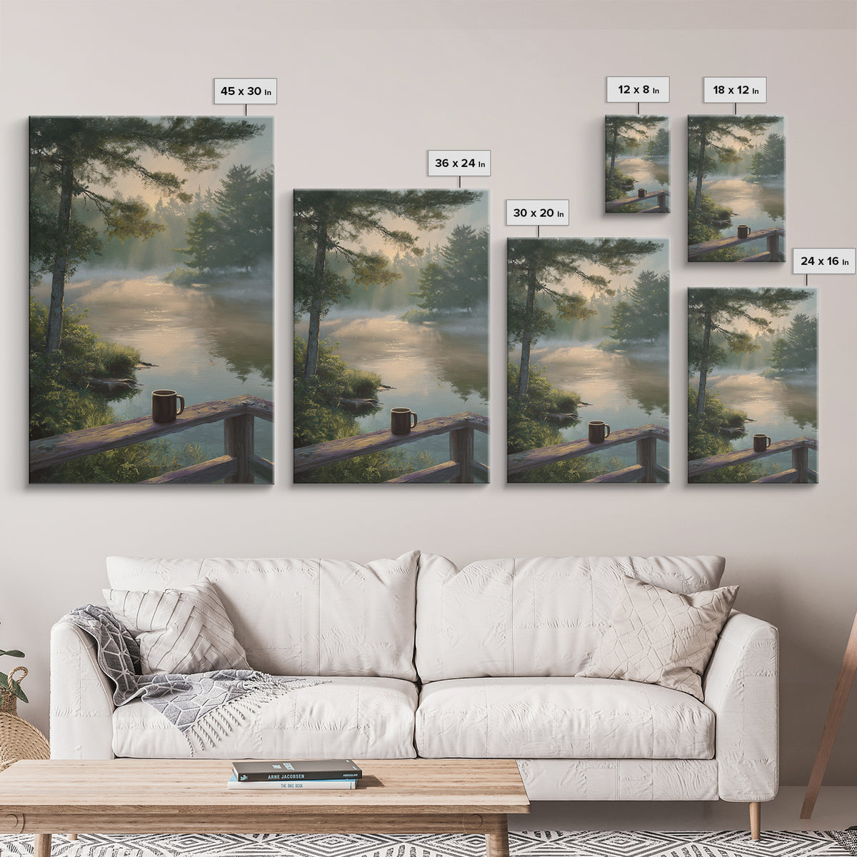Peaceful Morning River Scene With Coffee Cup Landscape Wall Art Serene Nature Canvas Print For Cozy Home And Bedroom Decor