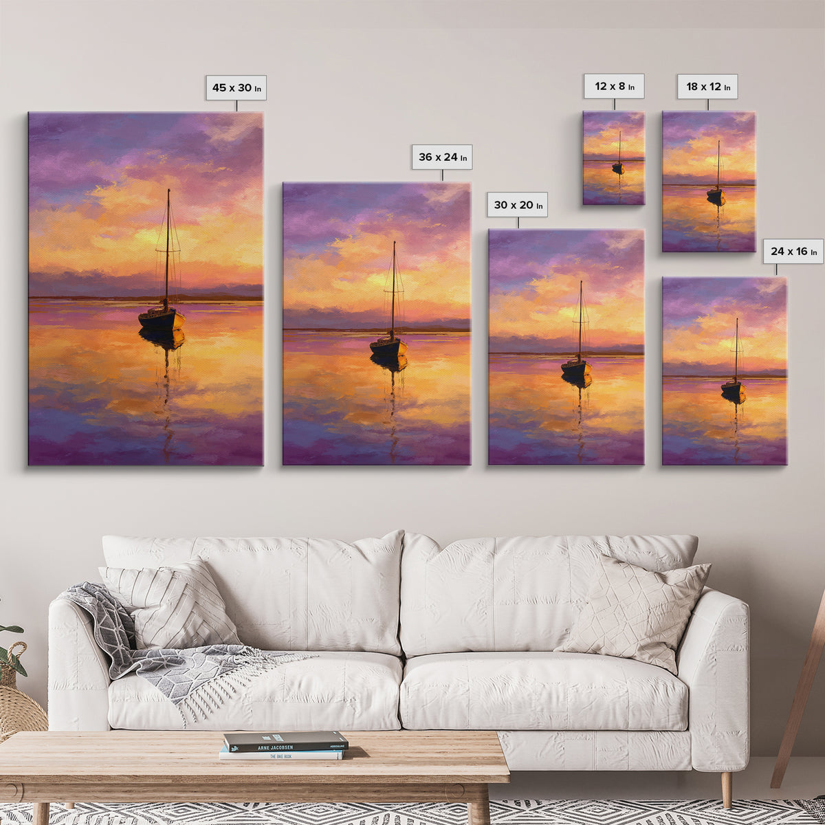 Colorful Sailboat At Sunset Over Calm Water Ocean Scene Painting | Tranquil Wall Art Modern Home Decor Framed Canvas Print