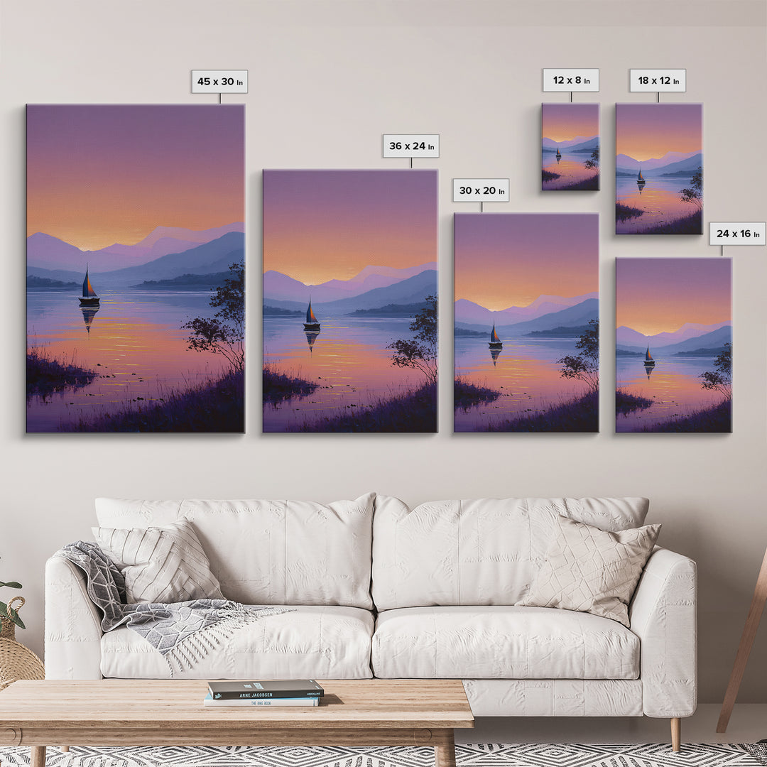 Tranquil Sailboat On Lake At Sunset With Purple Mountains Oil Painting Canvas Print Wall Art For Bedroom Decor And Nautical Lovers