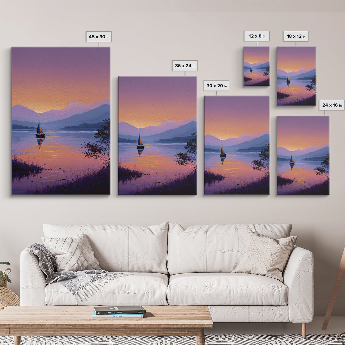 Tranquil Sailboat On Lake At Sunset With Purple Mountains Oil Painting Canvas Print Wall Art For Bedroom Decor And Nautical Lovers