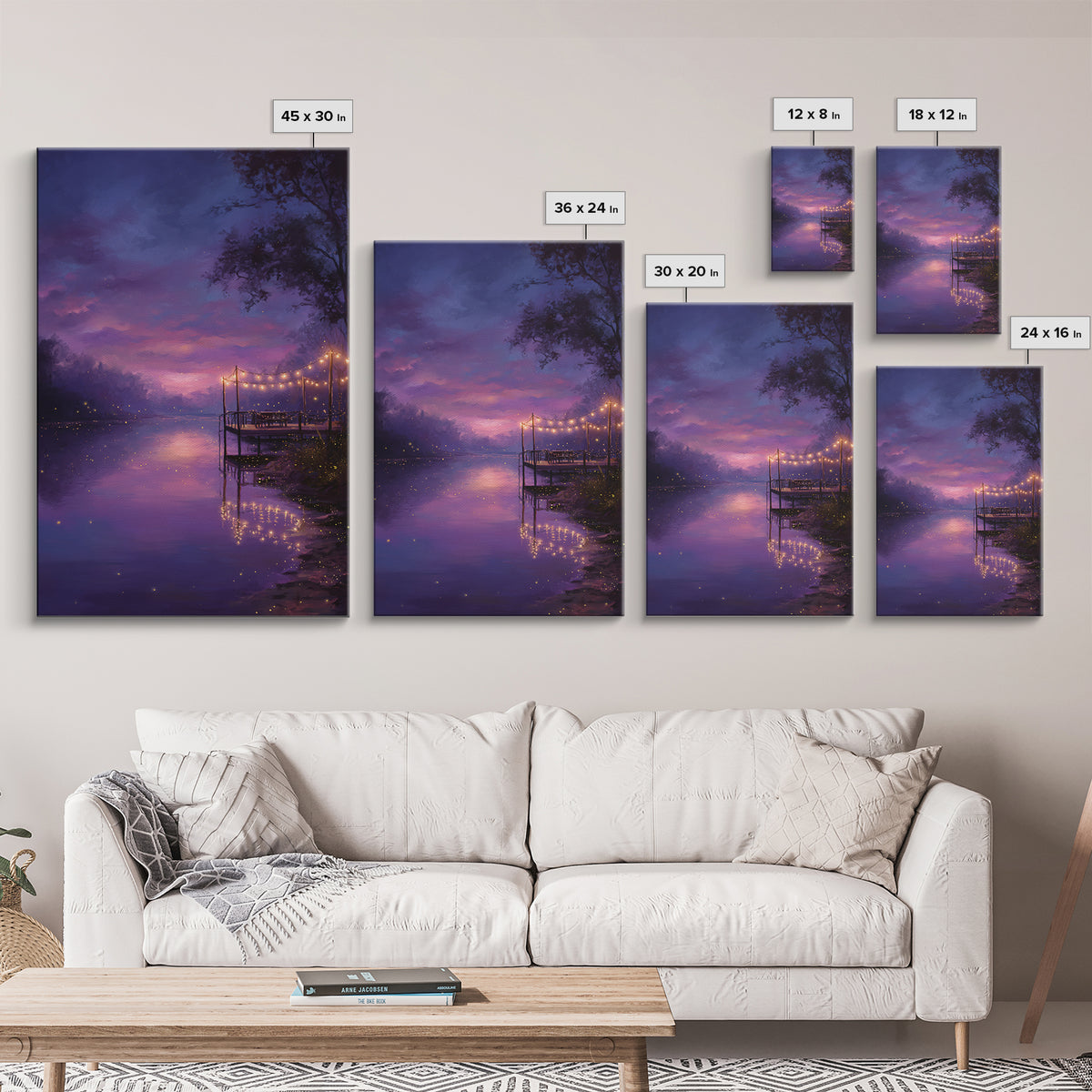 Enchanting Twilight River Scene With Glowing Fireflies And String Lights Romantic Canvas Print For Home Decor