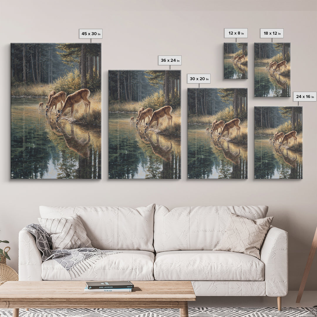 Peaceful Deer Family Drinking At Riverbank Nature Scene Oil Painting Canvas Print Wall Art For Rustic And Wildlife Decor