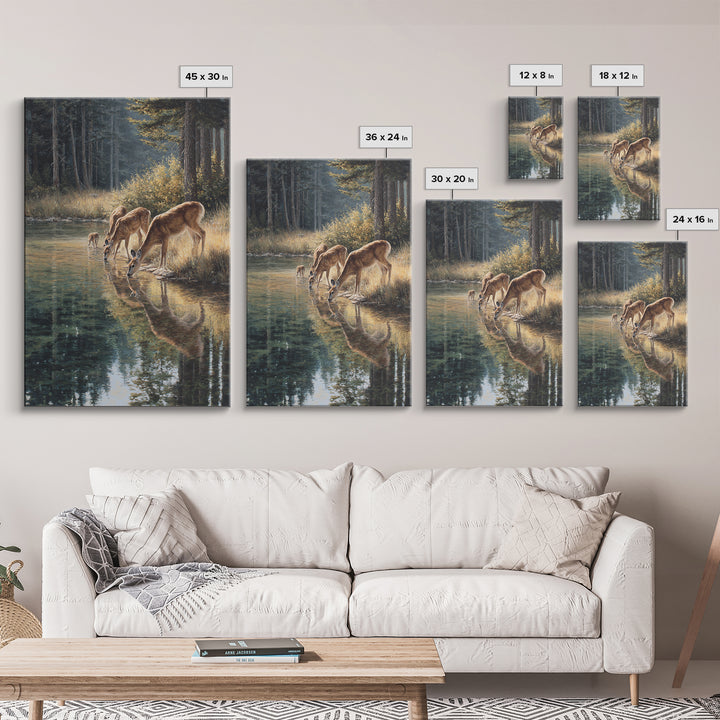 Peaceful Deer Family Drinking At Riverbank Nature Scene Oil Painting Canvas Print Wall Art For Rustic And Wildlife Decor