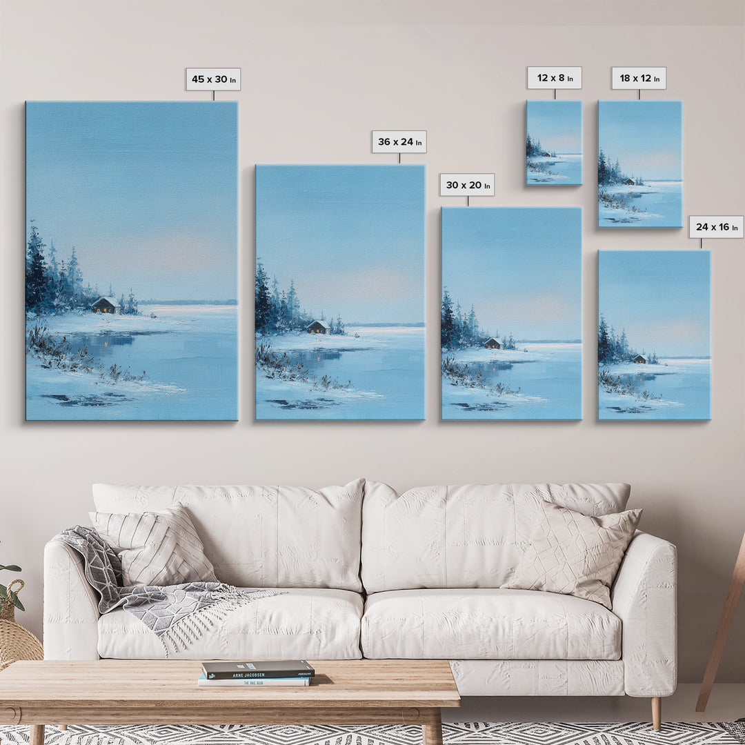 Winter Landscape With Snowy Trees And Cabin Cozy Calm Scene Canvas Print Wall Art For Bedroom Living Room And Rustic Home Decor