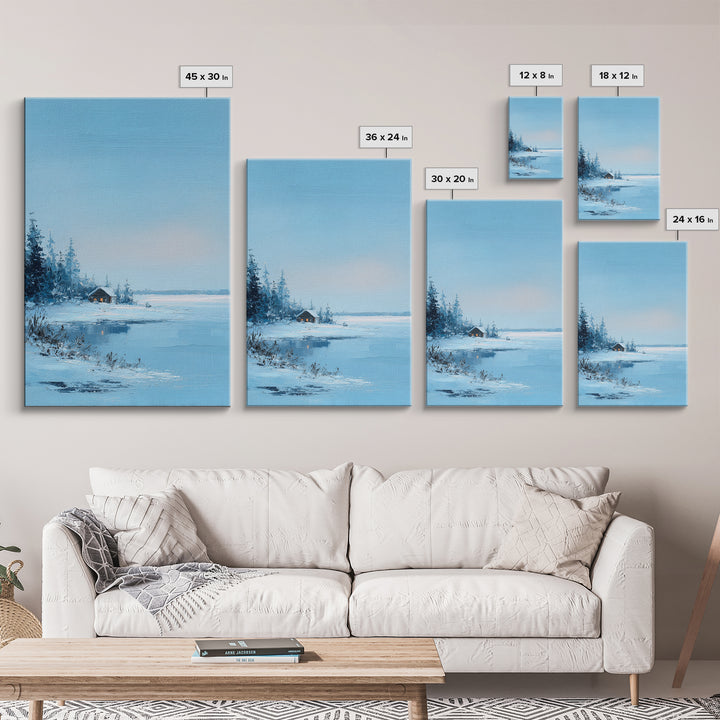 Winter Landscape With Snowy Trees And Cabin Cozy Calm Scene Canvas Print Wall Art For Bedroom Living Room And Rustic Home Decor