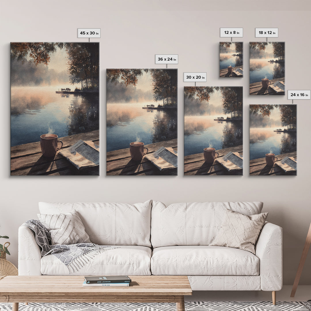Cozy Lakeside Morning With Steam Rising Over Coffee Mug Watercolor Painting Wall Art Print For Bedroom Or Reading Nook