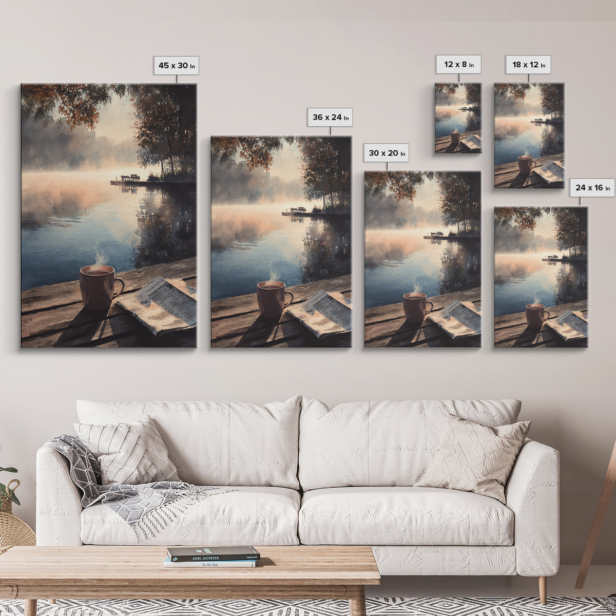 Cozy Lakeside Morning With Steam Rising Over Coffee Mug Watercolor Painting Wall Art Print For Bedroom Or Reading Nook