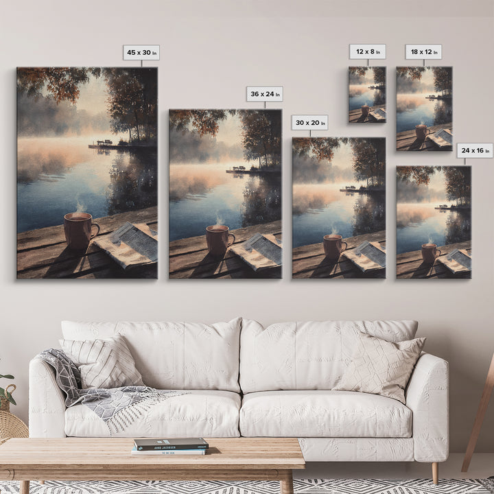 Cozy Lakeside Morning With Steam Rising Over Coffee Mug Watercolor Painting Wall Art Print For Bedroom Or Reading Nook