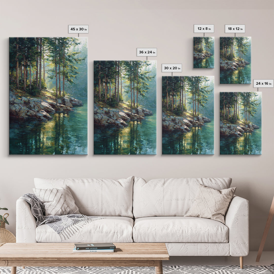Sunlit Pine Forest Lake Painting Wall Art, Nature Landscape Art Print, Cabin Decor, Rustic Living Room Wall Decor Gift For Her
