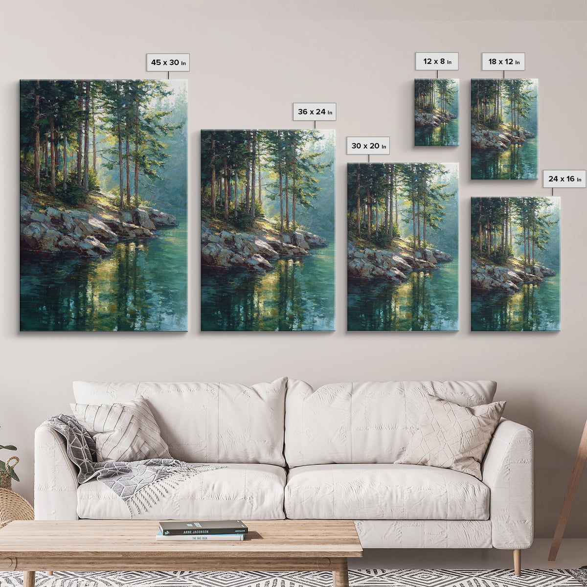 Sunlit Pine Forest Lake Painting Wall Art, Nature Landscape Art Print, Cabin Decor, Rustic Living Room Wall Decor Gift For Her