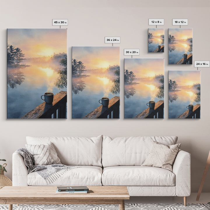 Calm Sunlit Lake At Dawn Watercolor Painting Canvas Print, Peaceful Landscape Wall Art, Soothing Home Decor Art